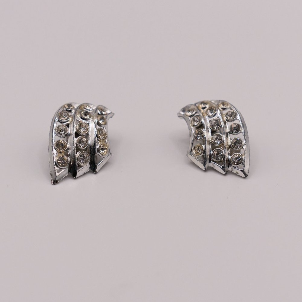 Vintage 1950's Rhinestone Clip On Earrings -Silver Tone